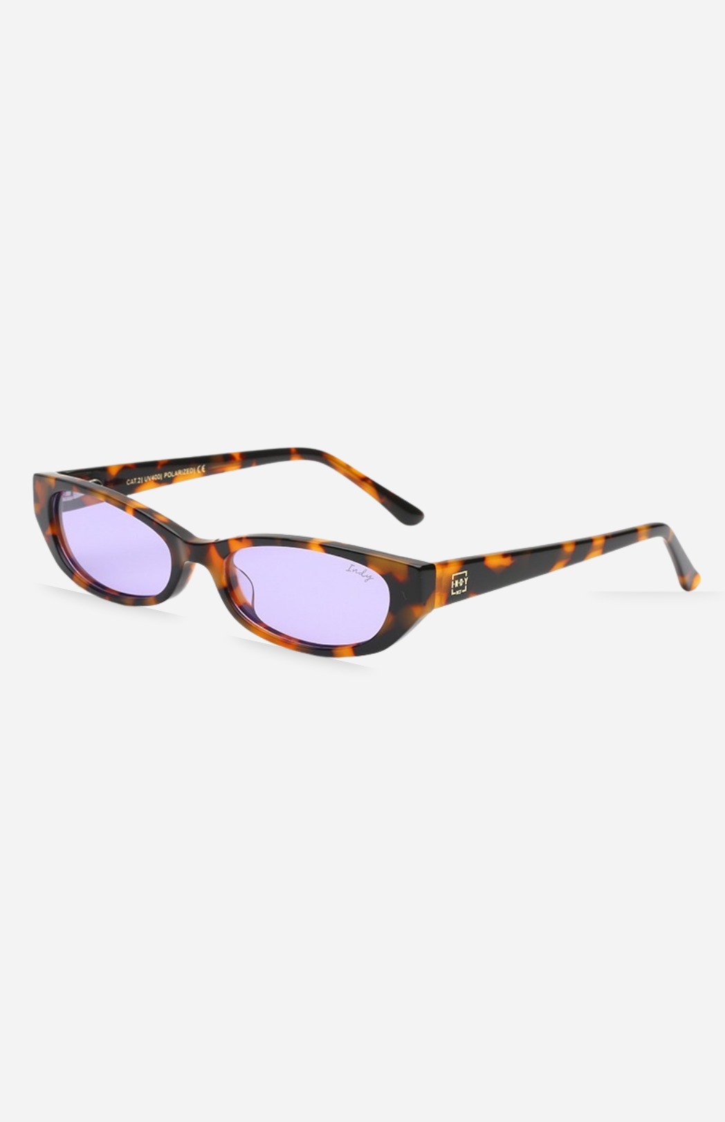 Sunglasses with tortoiseshell frame and purple lenses on a white background