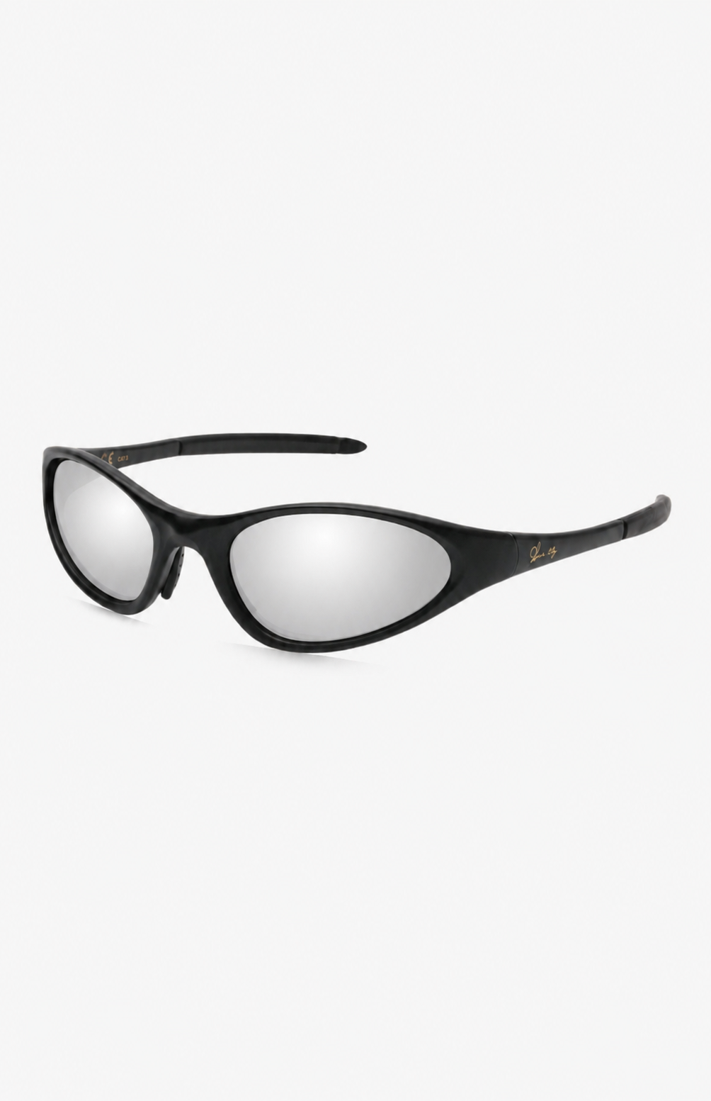 Black wrap-around sunglasses with silver mirrored lenses, shown at a three-quarter angle on a light gray background.