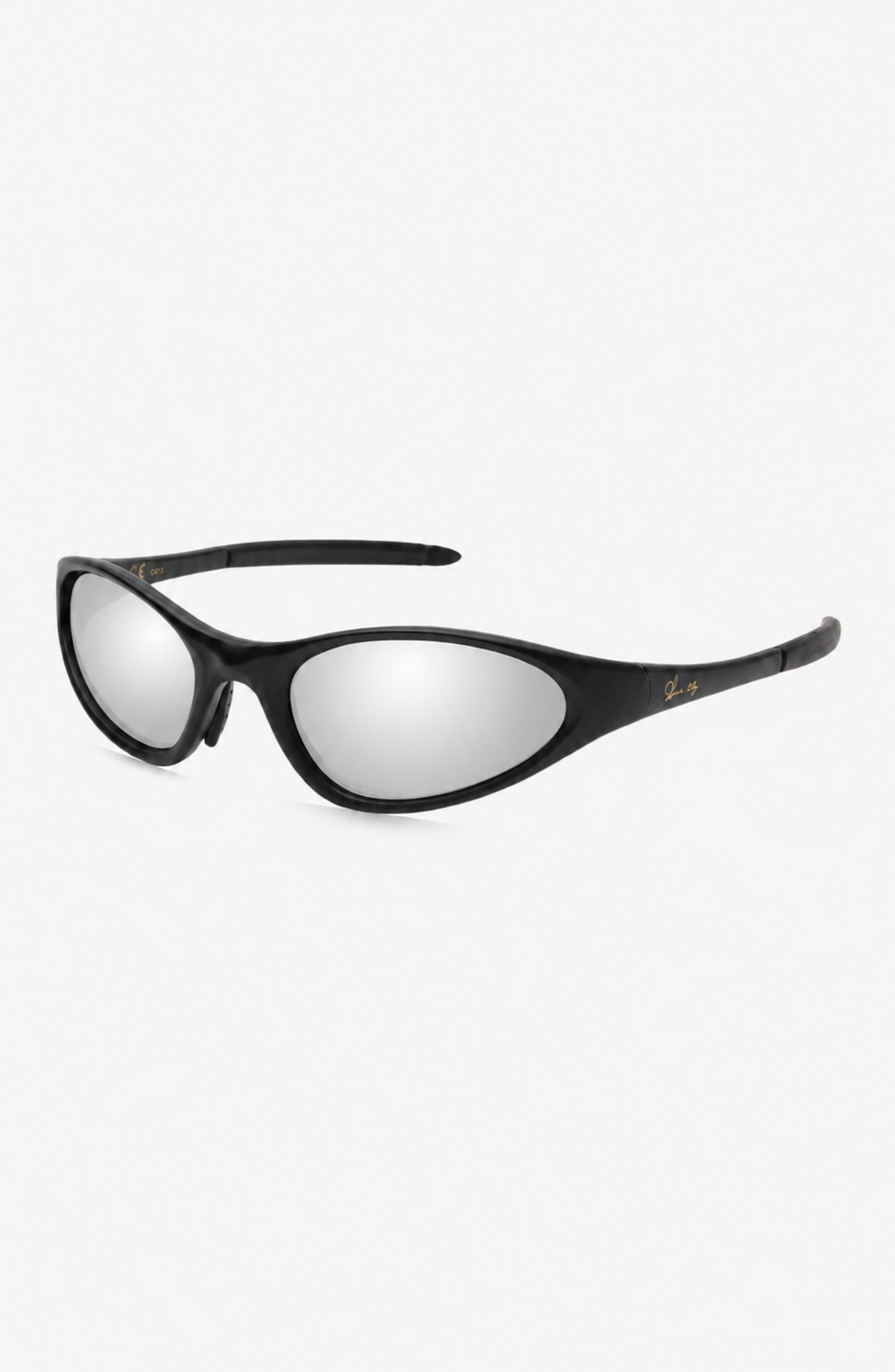 Black wrap-around sunglasses with silver mirrored lenses, shown at a three-quarter angle on a light gray background.