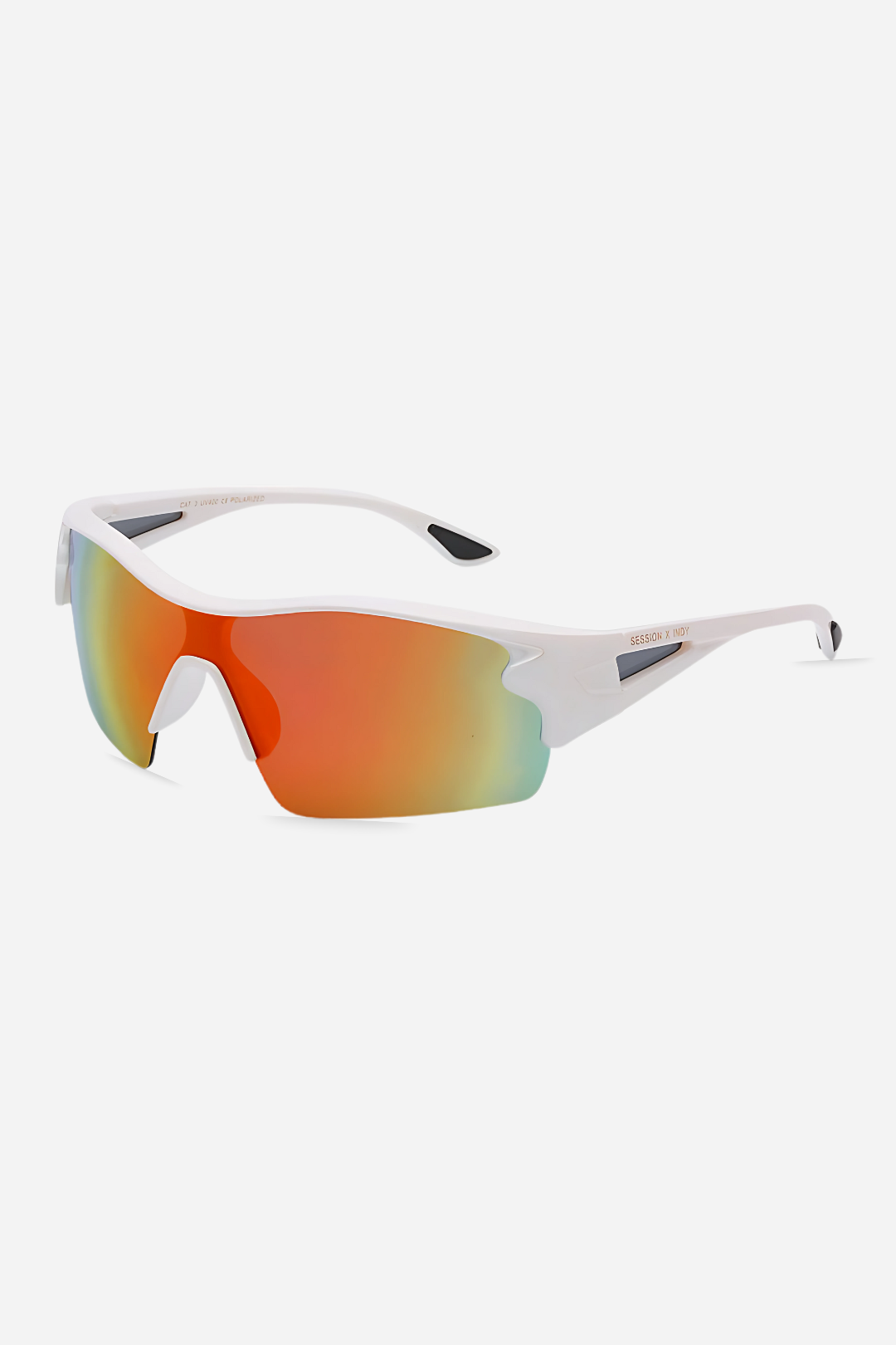 Indy Sport Sunglasses with white frame and multicolored lens on a white background