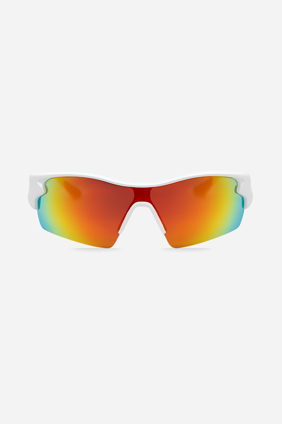 INDY polarized sport sunglasses with rainbow gradient mirrored lenses and white frame, product front view on white background.