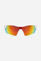 INDY polarized sport sunglasses with rainbow gradient mirrored lenses and white frame, product front view on white background.
