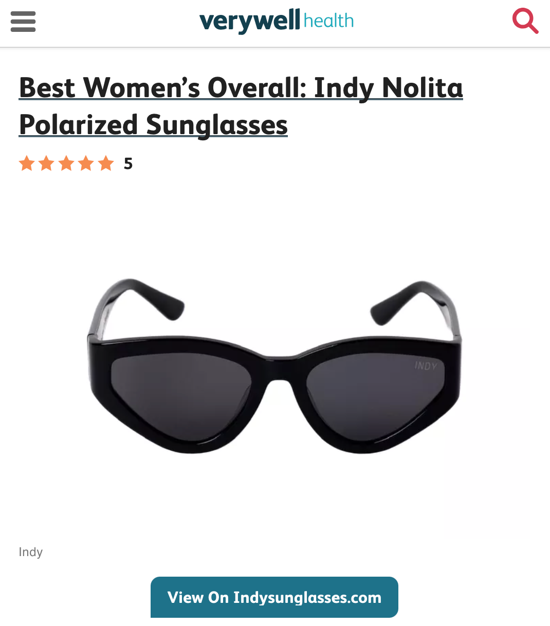 Las gafas de sol Indy Nolita aparecen en 'Las 13 mejores gafas de sol para protección UV' de Verywell Health, elogiadas por su comodidad, estilo y lentes polarizadas.