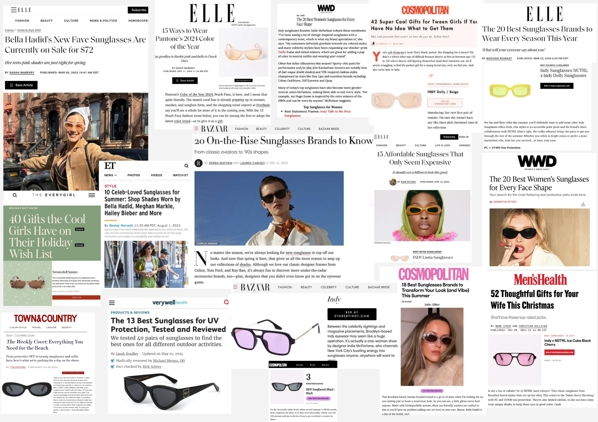 Collage de recortes de prensa de Indy Sunglasses de las principales publicaciones, como Vogue, WWD, Harper's Bazaar, etc., que muestran el amplio reconocimiento mediático de la marca.