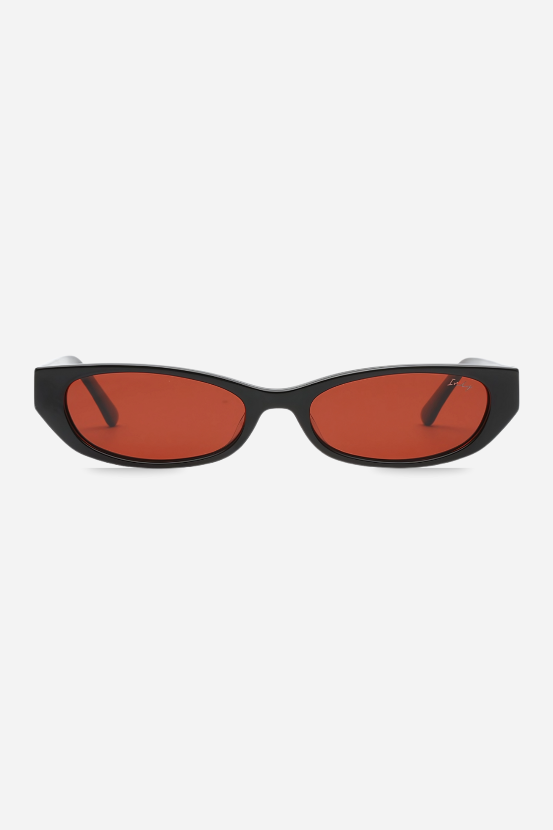 Black sunglasses with red lenses on a white background