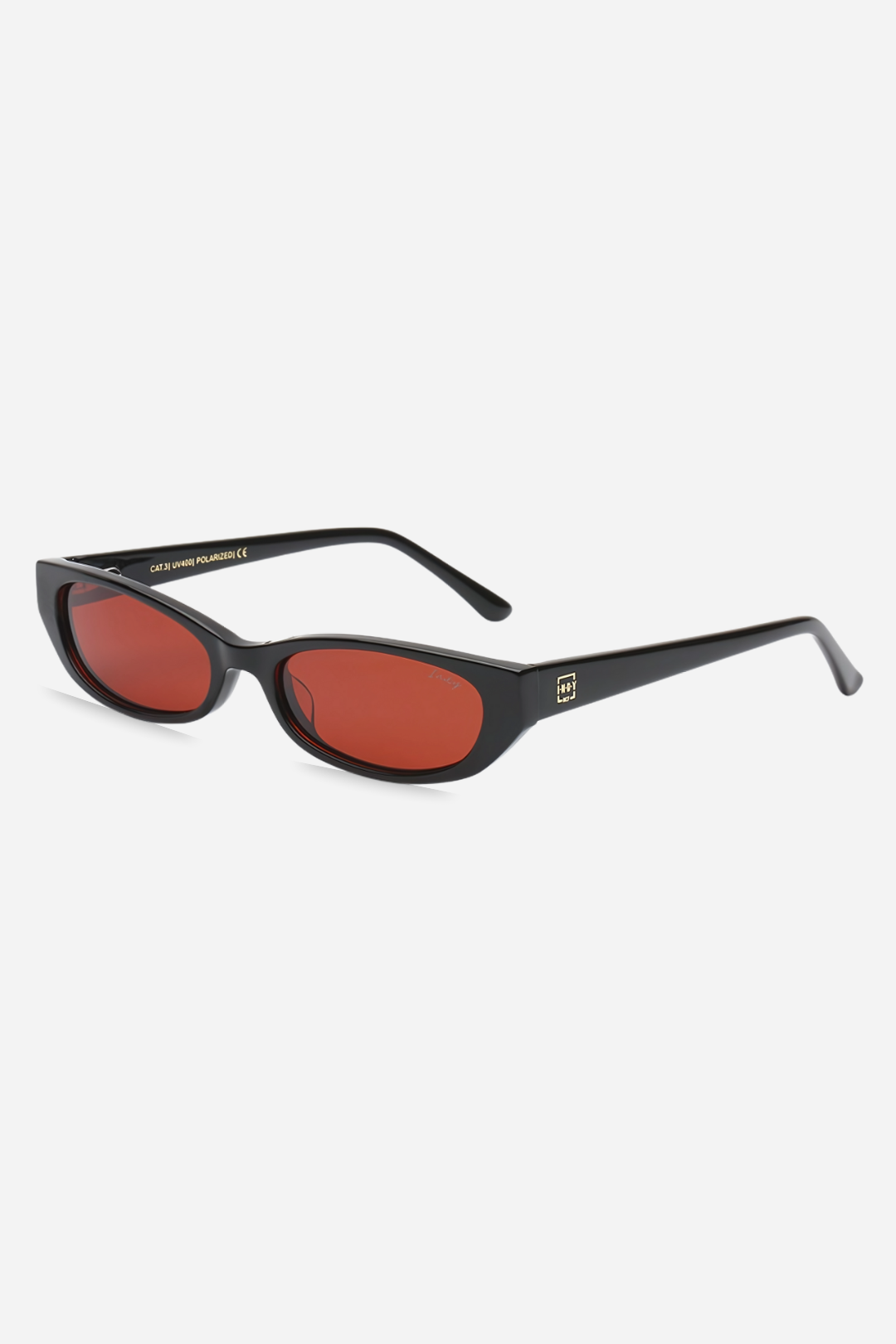 Black sunglasses with red lenses on a white background