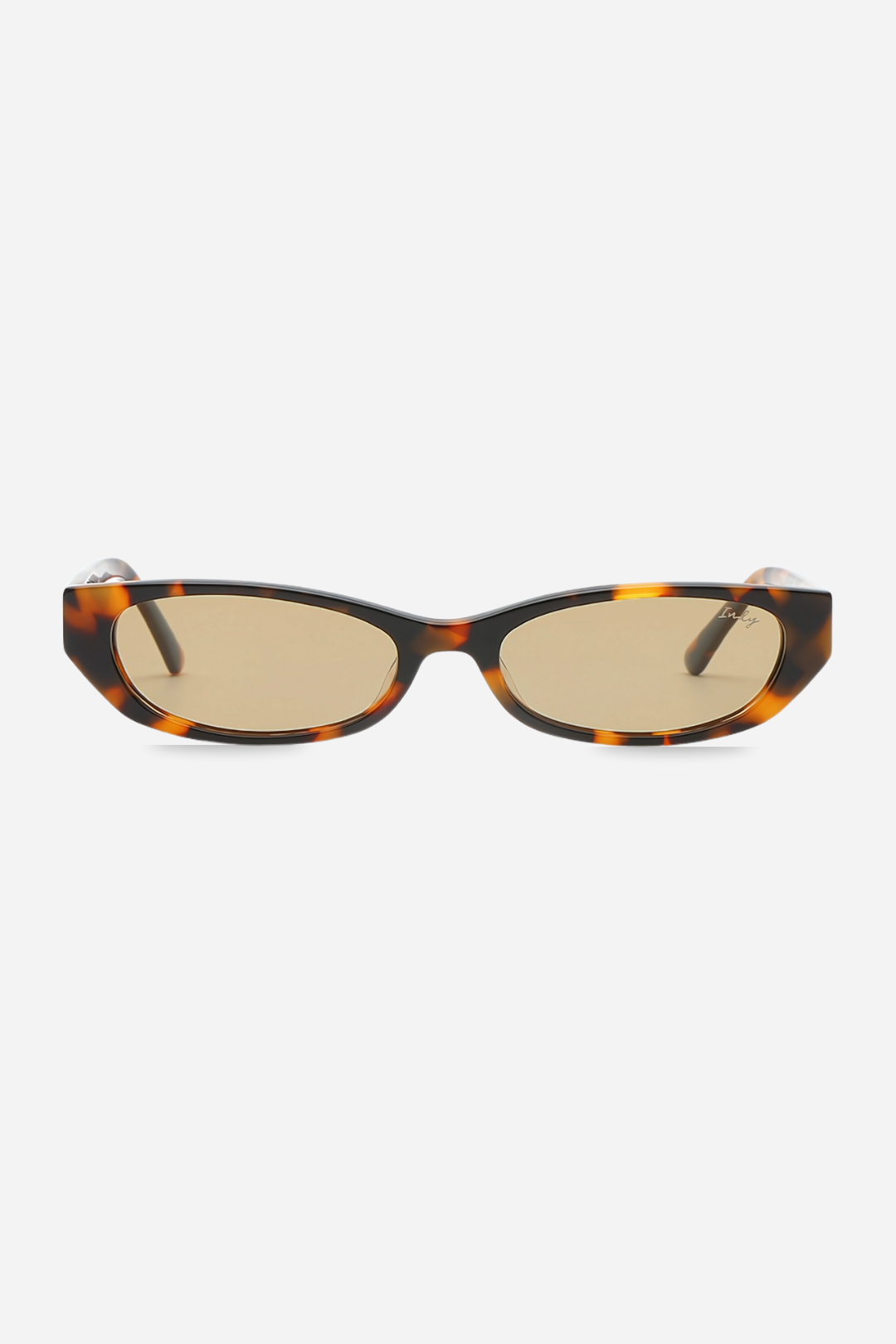 Sunglasses with tortoiseshell frame and gold lenses on a white background