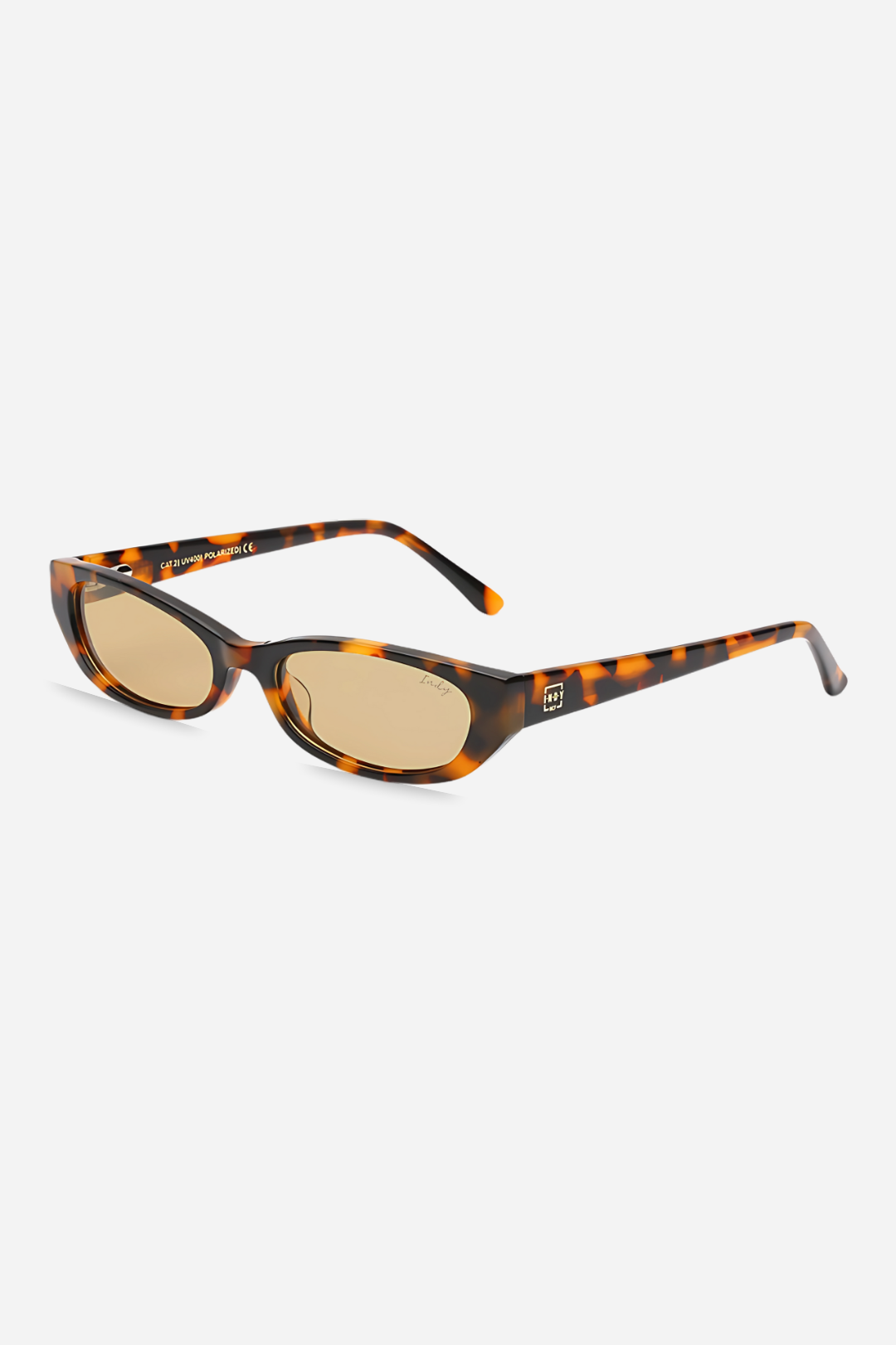 Sunglasses with tortoiseshell frame and gold lenses on a white background