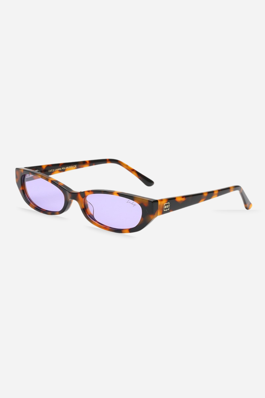 Sunglasses with tortoiseshell frame and purple lenses on a white background