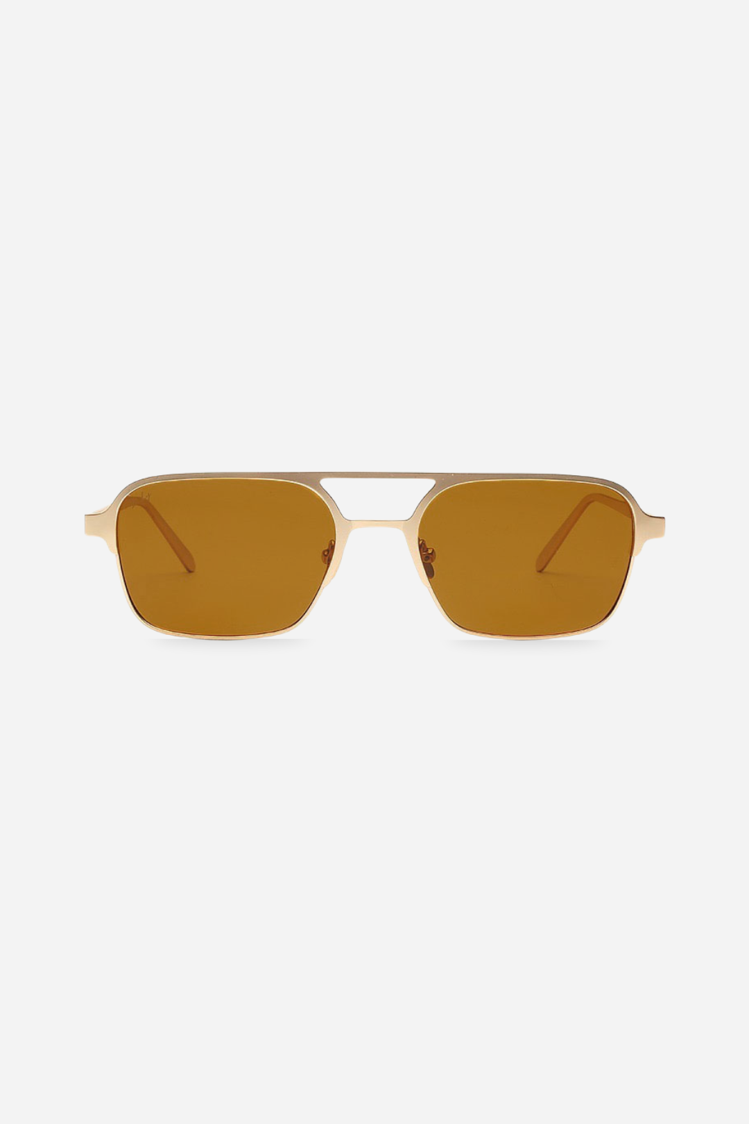 Gold-framed sunglasses with brown lenses on a white background