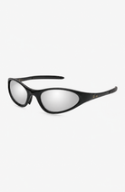 Black wrap-around sunglasses with silver mirrored lenses, shown at a three-quarter angle on a light gray background.