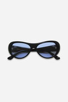 Black cat-eye sunglasses with blue lenses on a white background