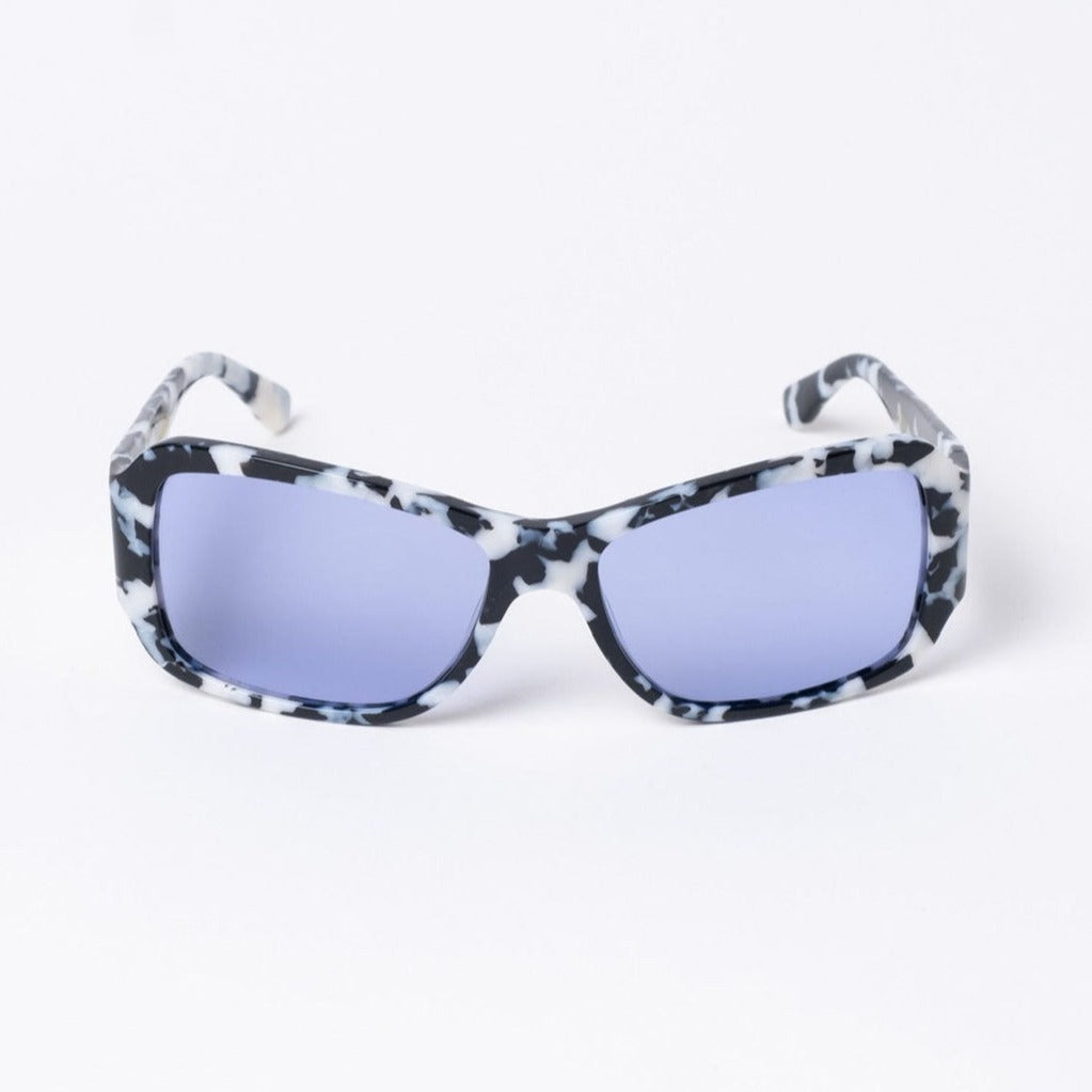 oversized blue sunglasses with a tortoise shell frame