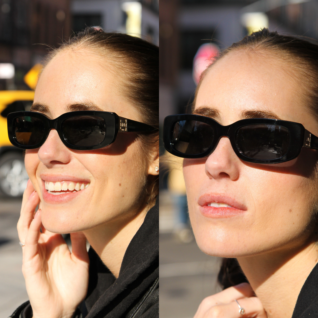 a model wears Delancey Rectangular Sunglasses In Black
