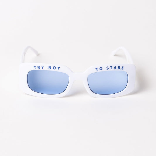 white sunglasses with blue lenses